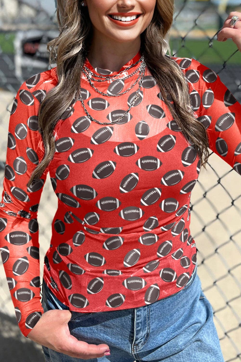Black Game Day Rugby Mesh Sheer Long Sleeve Top