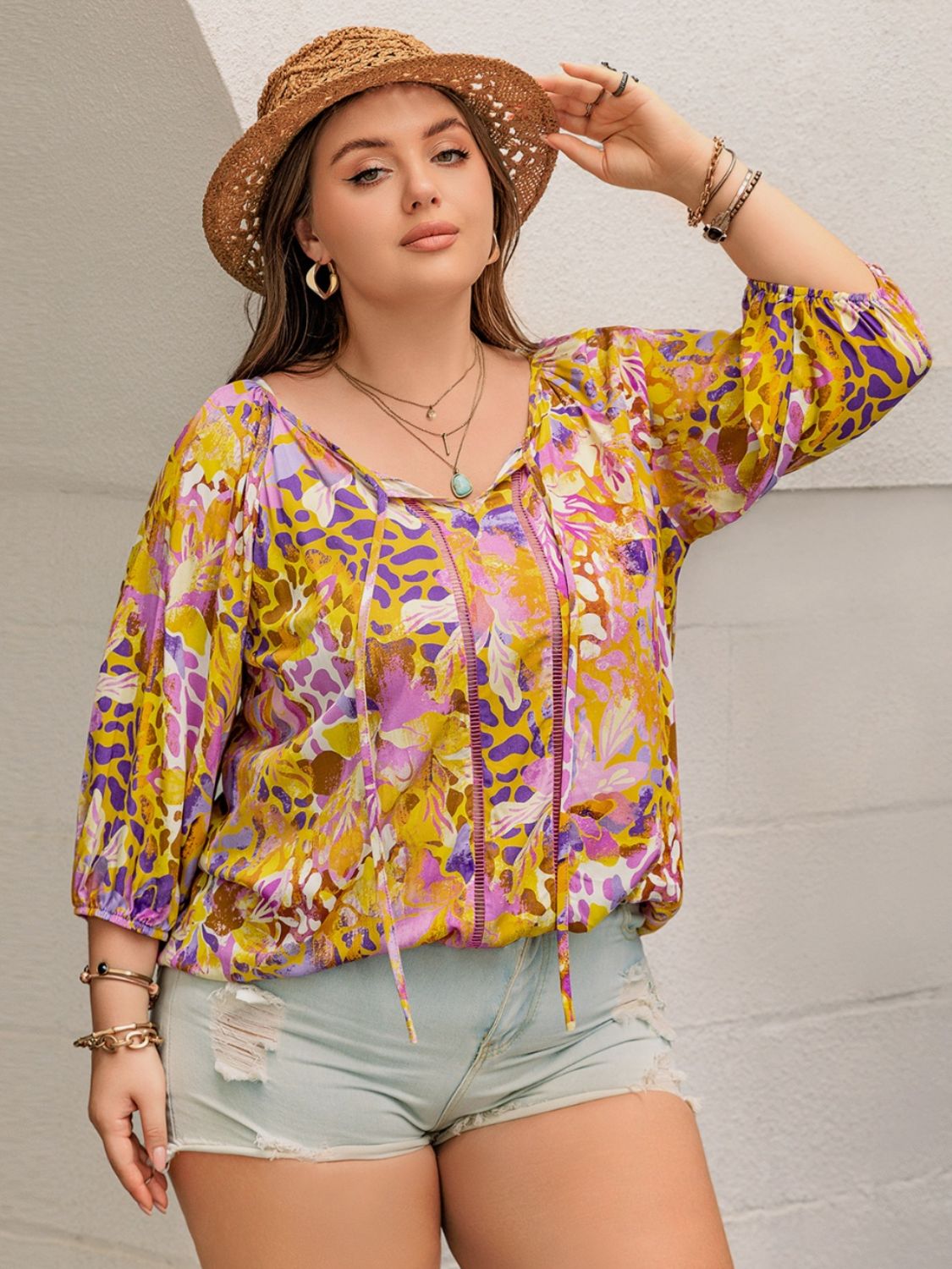 Plus Size Printed Tie Neck Blouse