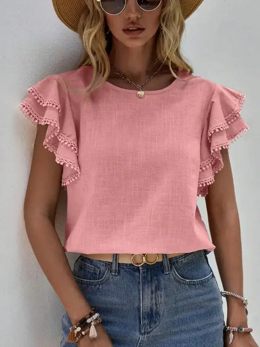 Ruffle Sleeve Pom Pom Trim Casual Blouse Top