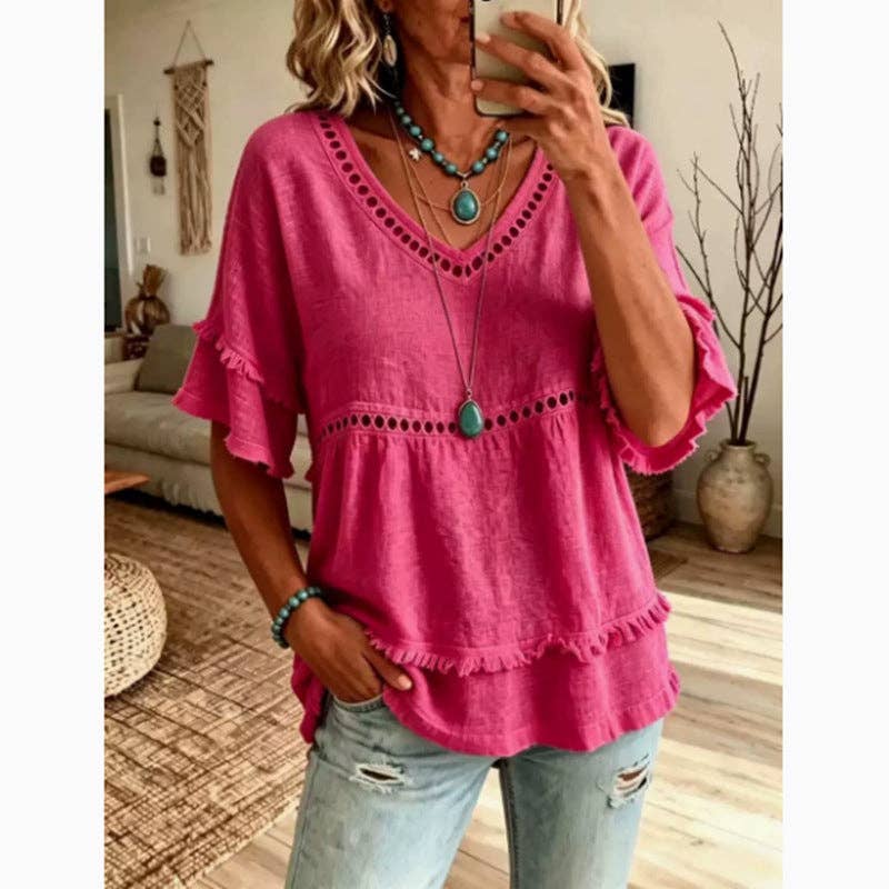 Solid Linen Blend V Neck Eyelet Ruffle Sleeve Boho Top