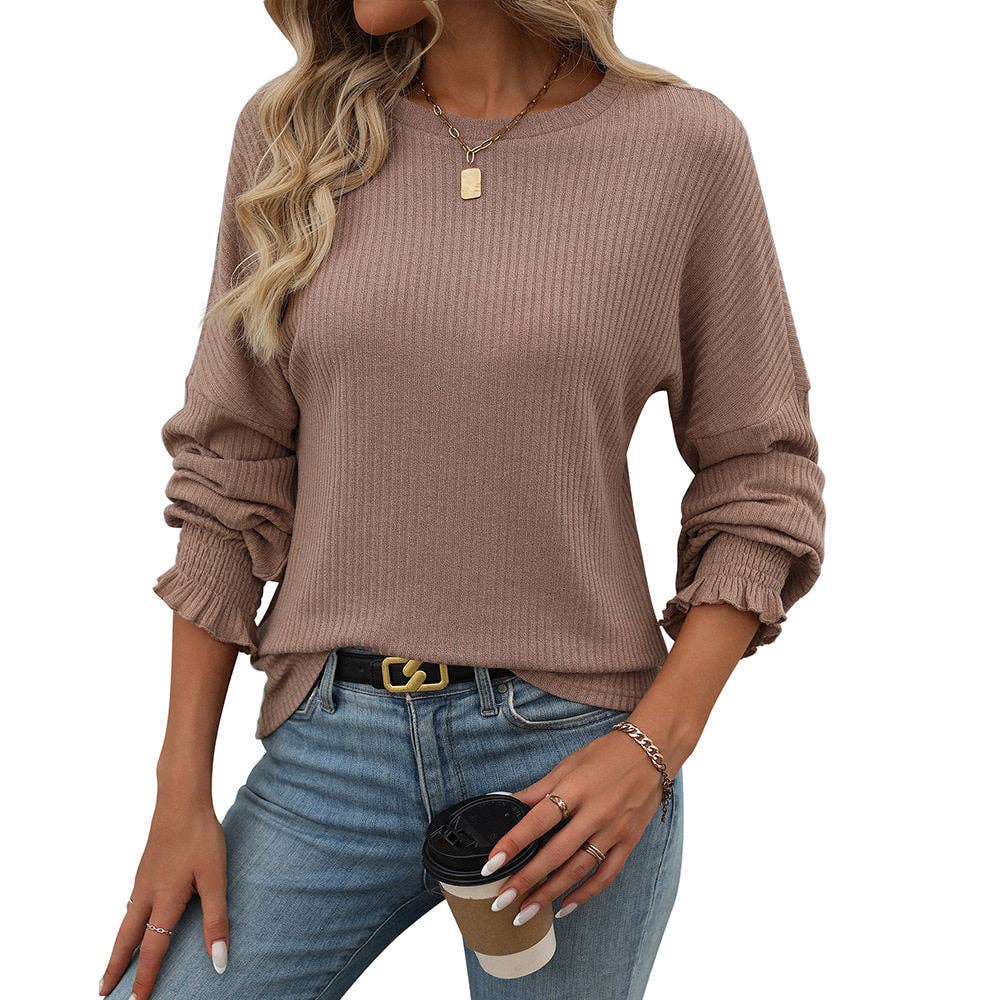 Loose Casual Ribbed Long Sleeve T-Shirt