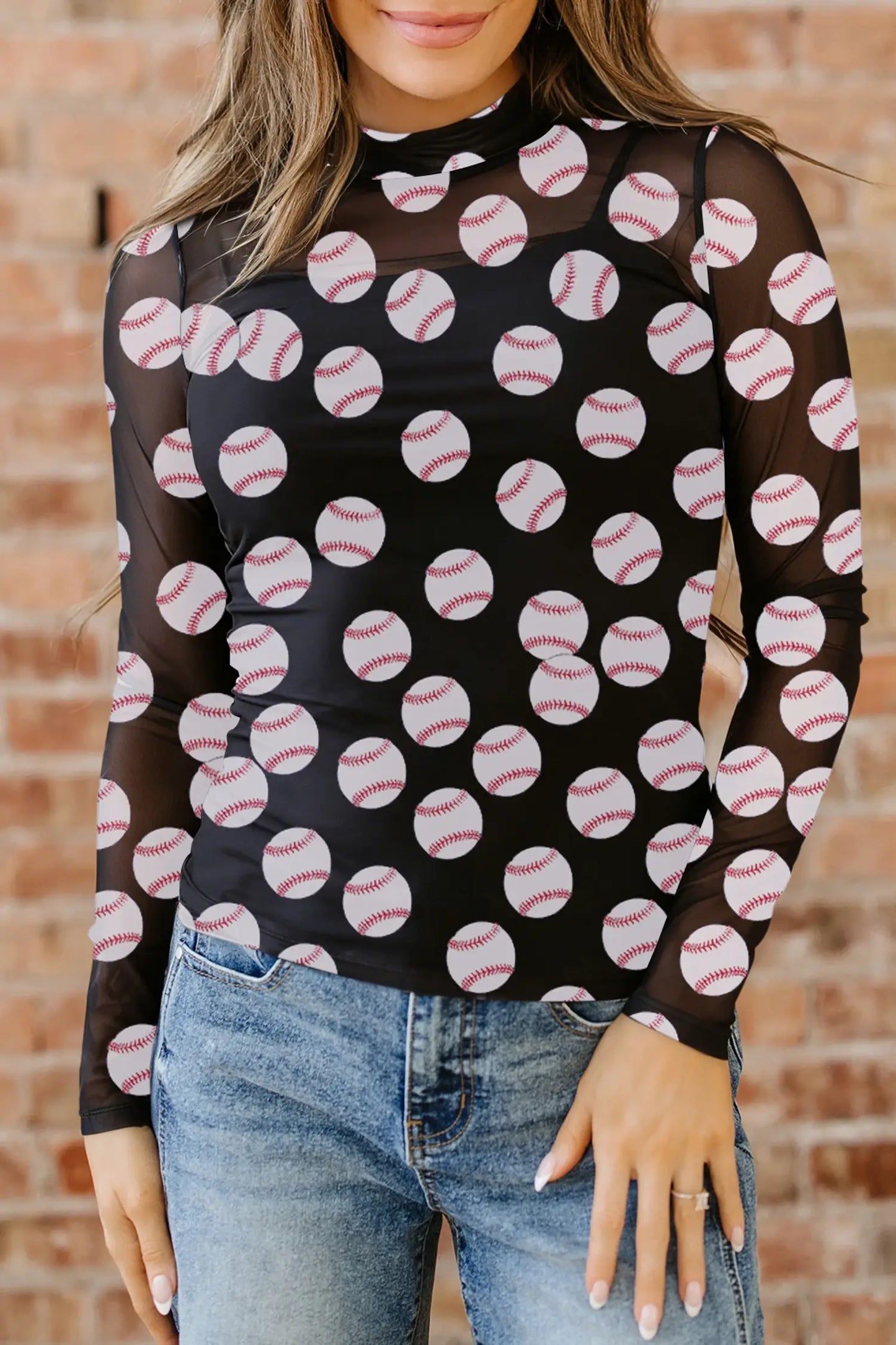 Black Game Day Rugby Mesh Sheer Long Sleeve Top
