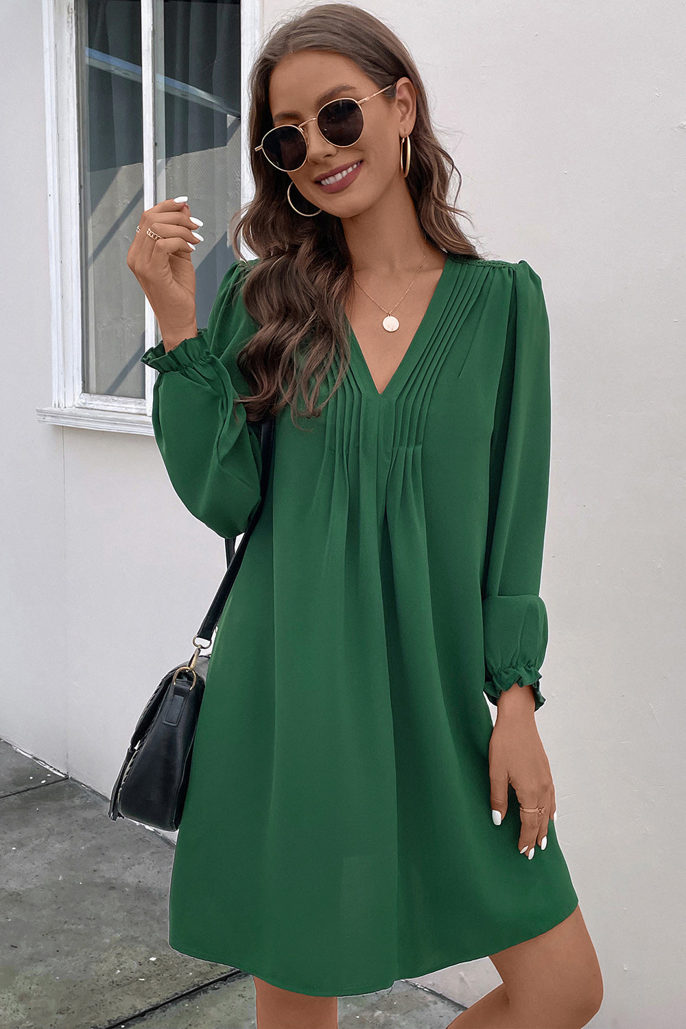 Perfee Ruched V-Neck Flounce Sleeve Dress