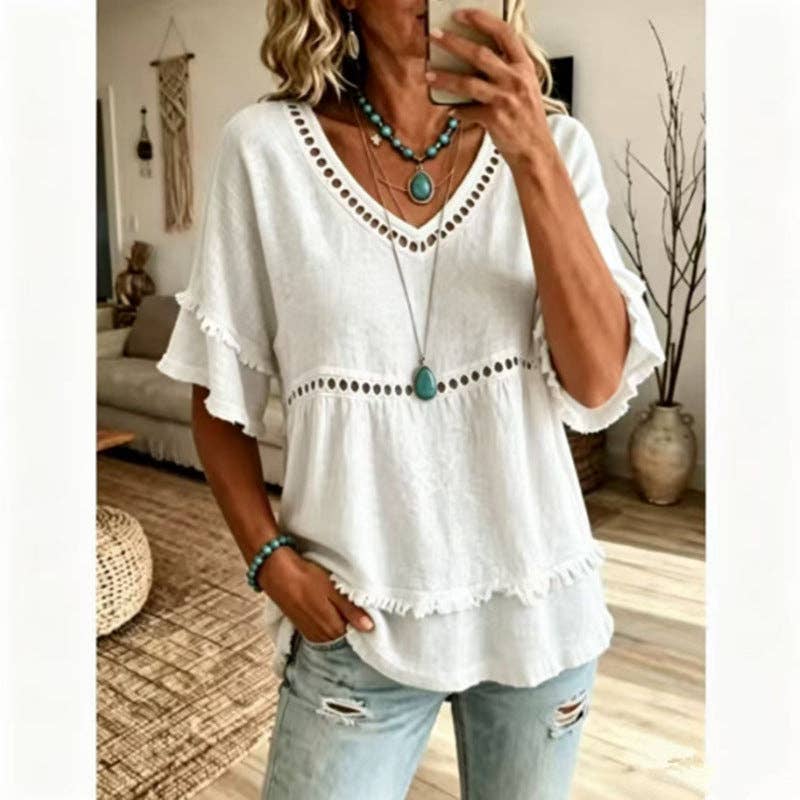 Solid Linen Blend V Neck Eyelet Ruffle Sleeve Boho Top