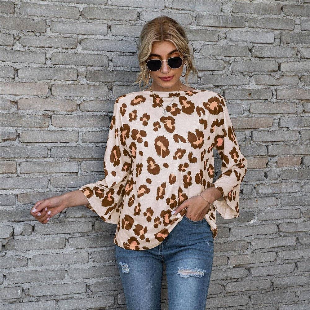 Casual Leopaed Print Puff Sleeve Loose T-Shirt