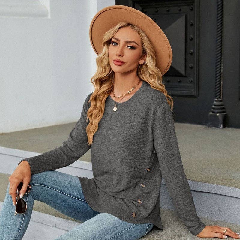Solid Color Long Sleeves Crewneck Buttoned Casual Loose Tshirt