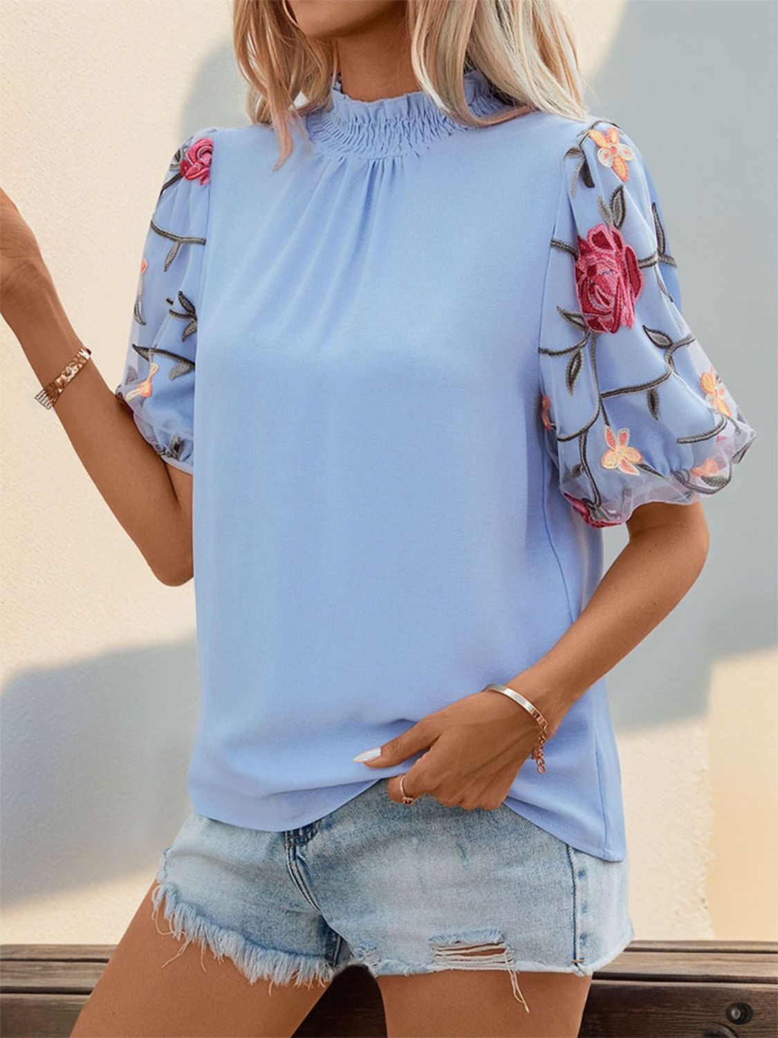 Embroidered Mock Neck Puff Sleeve Blouse