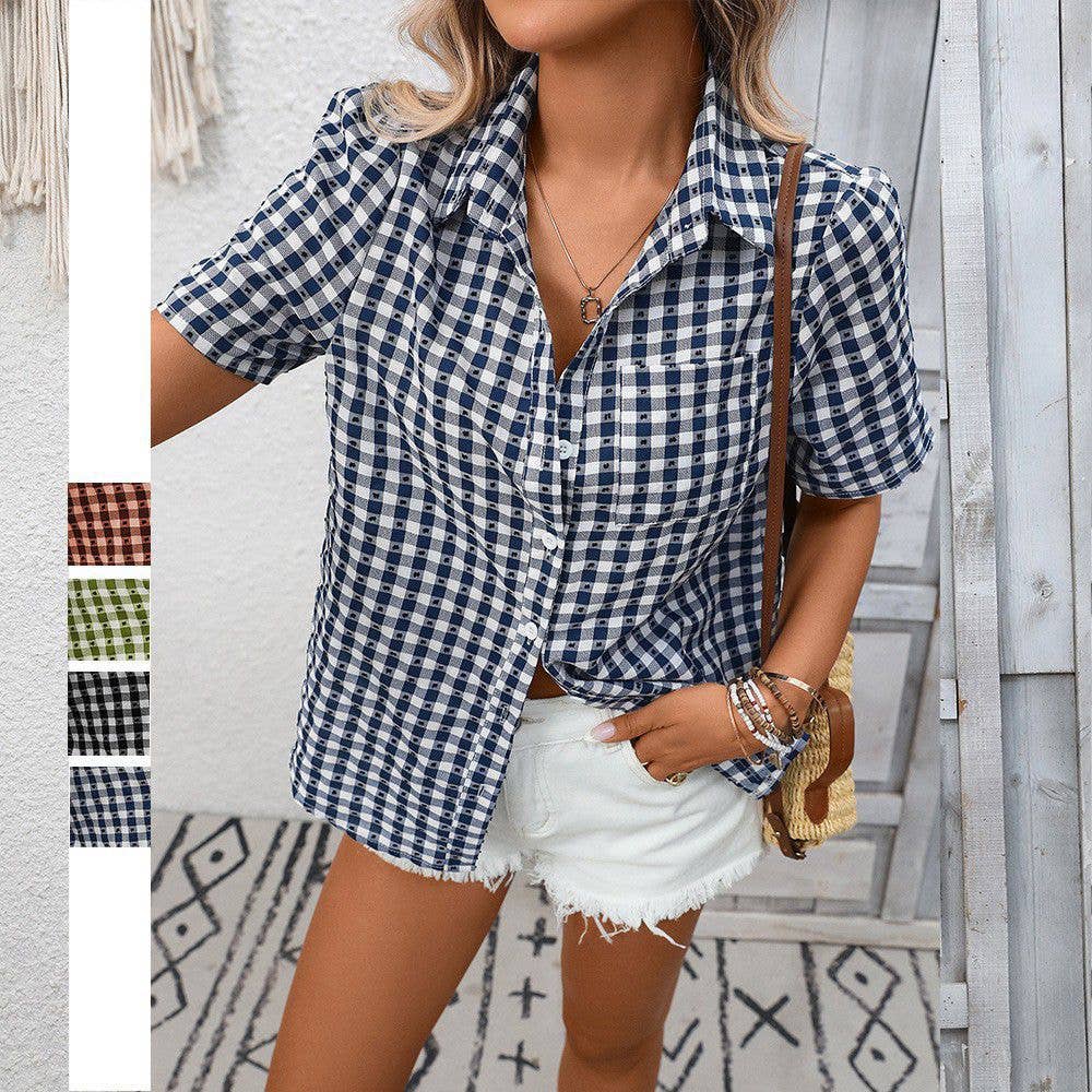 Casual Gingham Short Sleeve Button Down Shirt with Pocket