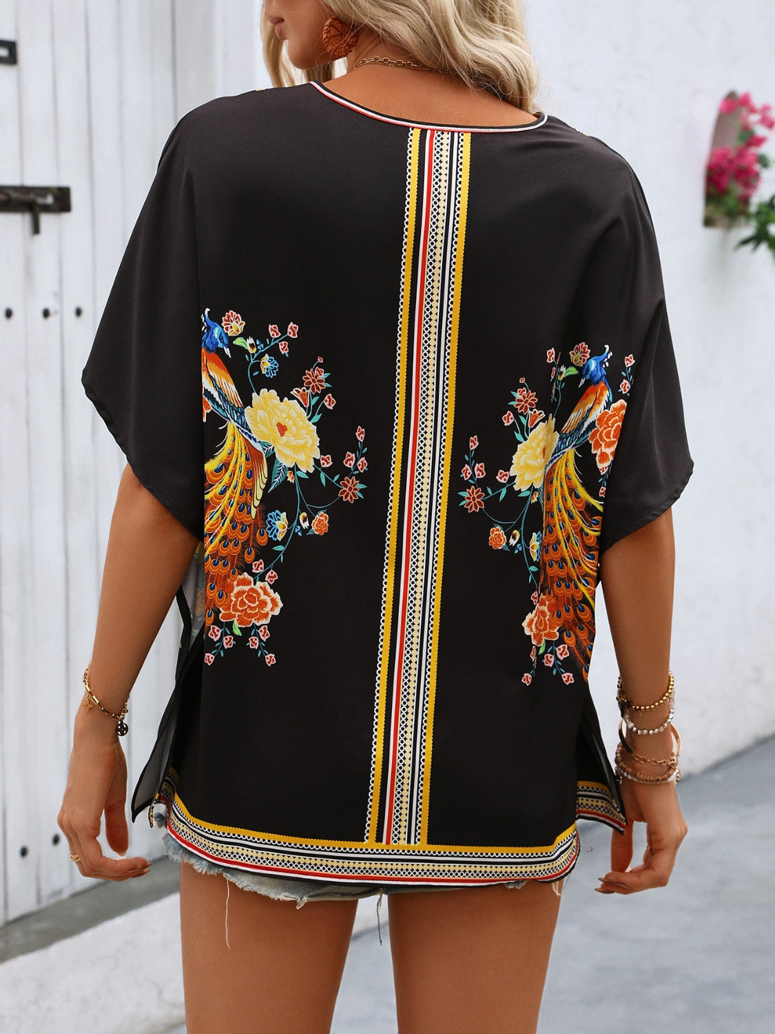 Decorative Button Printed V-Neck Half Sleeve Blouse