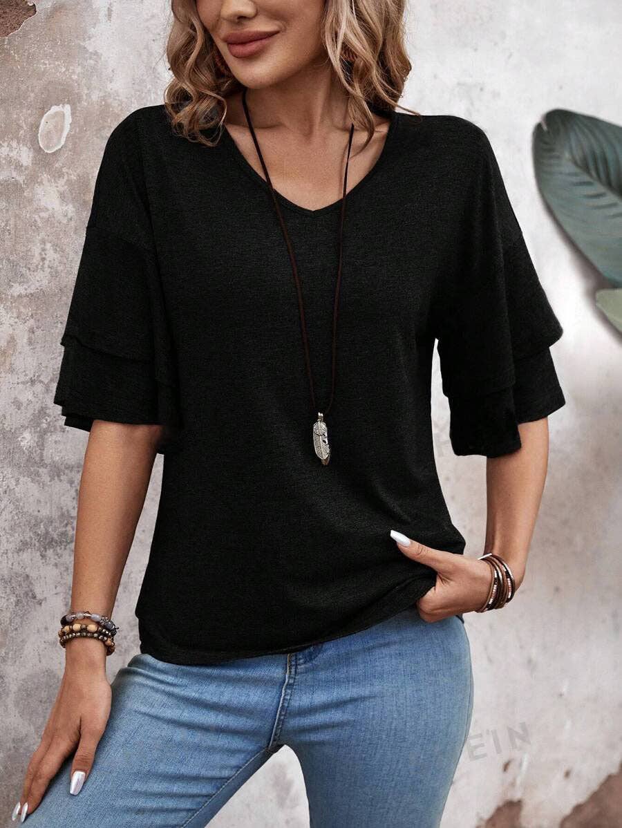 Womens Flutter Sleeve V Neck Summer Casual Blouse Top