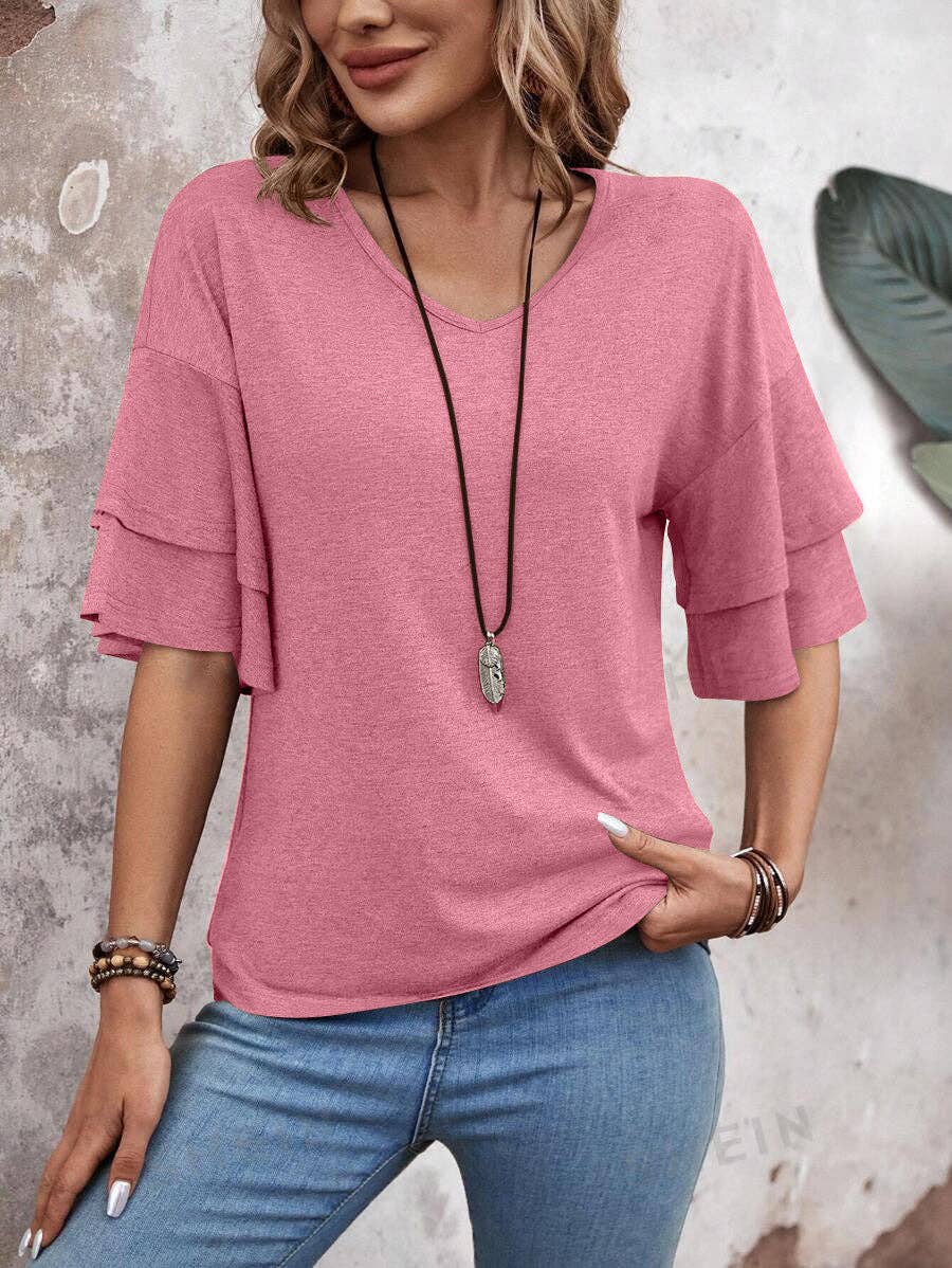 Womens Flutter Sleeve V Neck Summer Casual Blouse Top