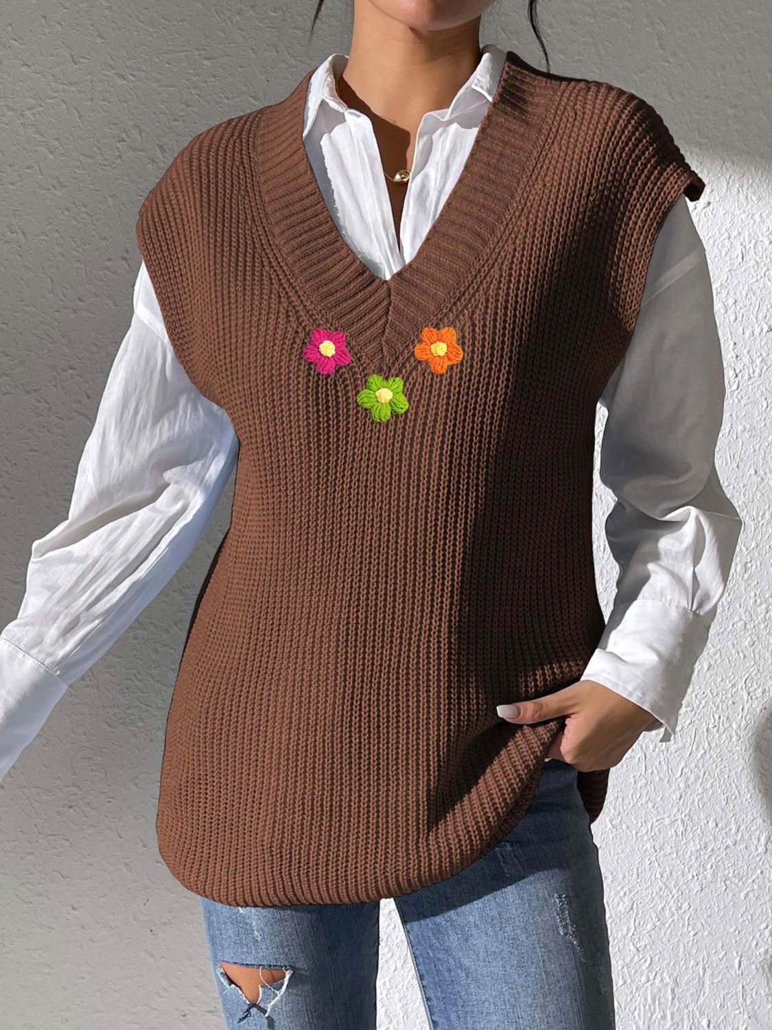 Flower V-Neck Sweater Vest