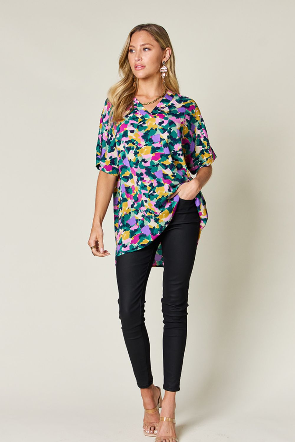 Double Take Full Size Printed V-Neck Short Sleeve Blouse