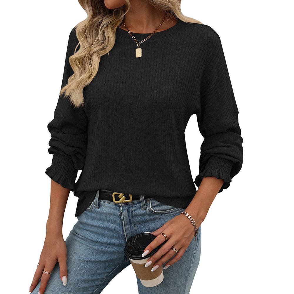 Loose Casual Ribbed Long Sleeve T-Shirt