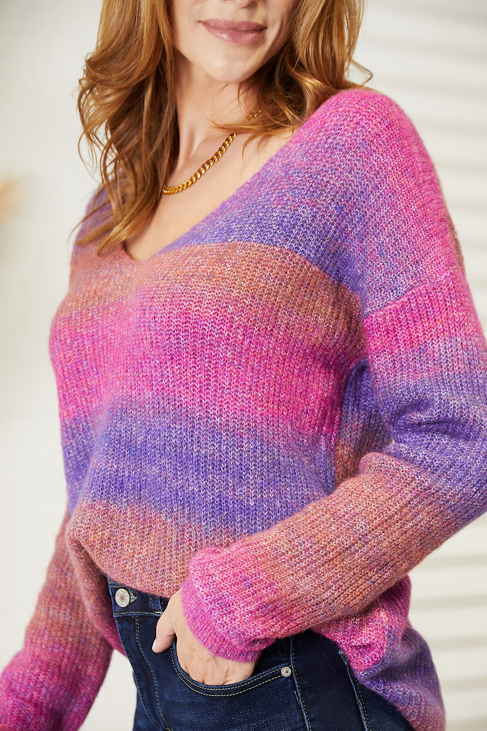 Purple Multicolored Rib-Knit V-Neck Knit Pullover