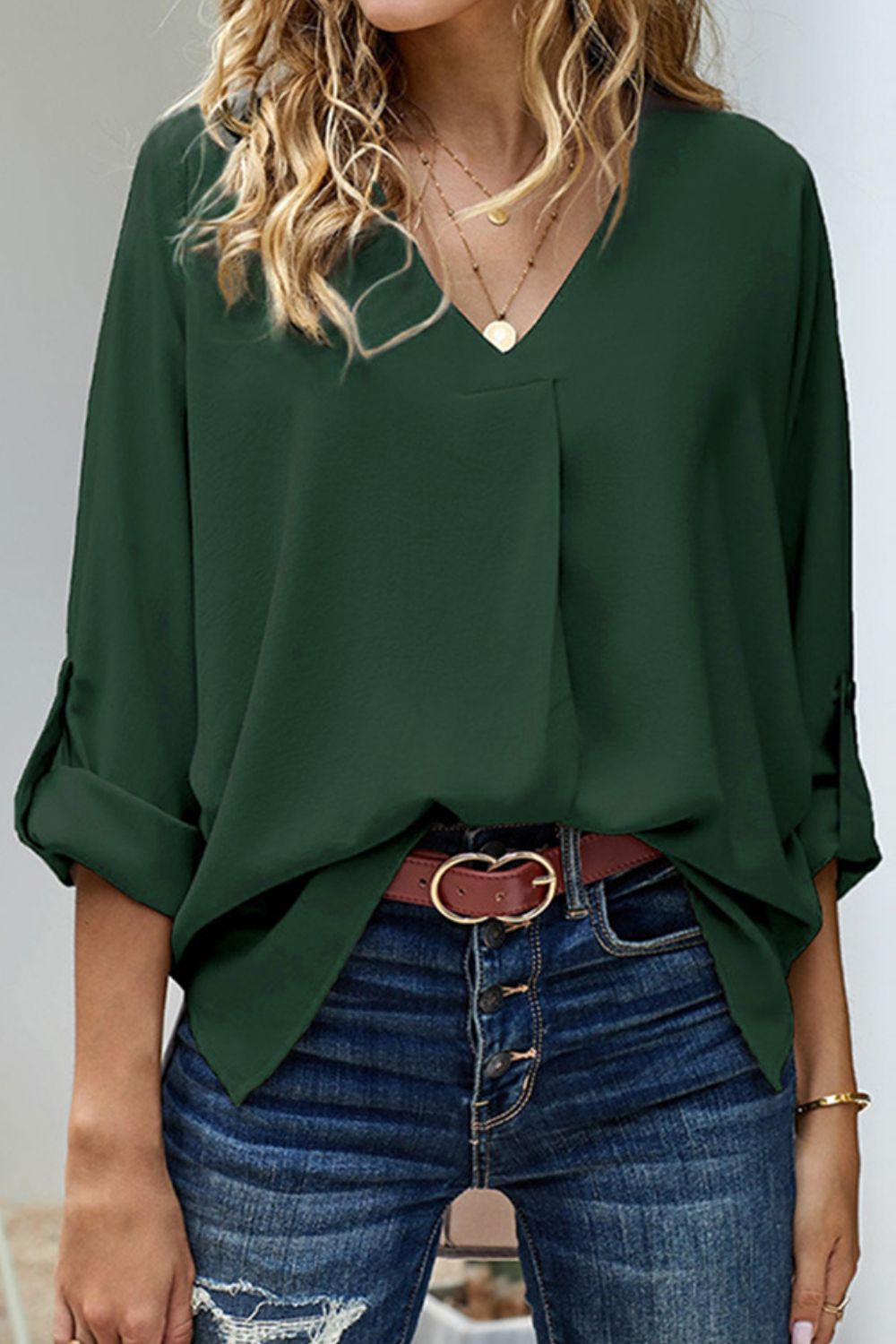 Plus Size Roll-Tab Sleeve Slit Blouse