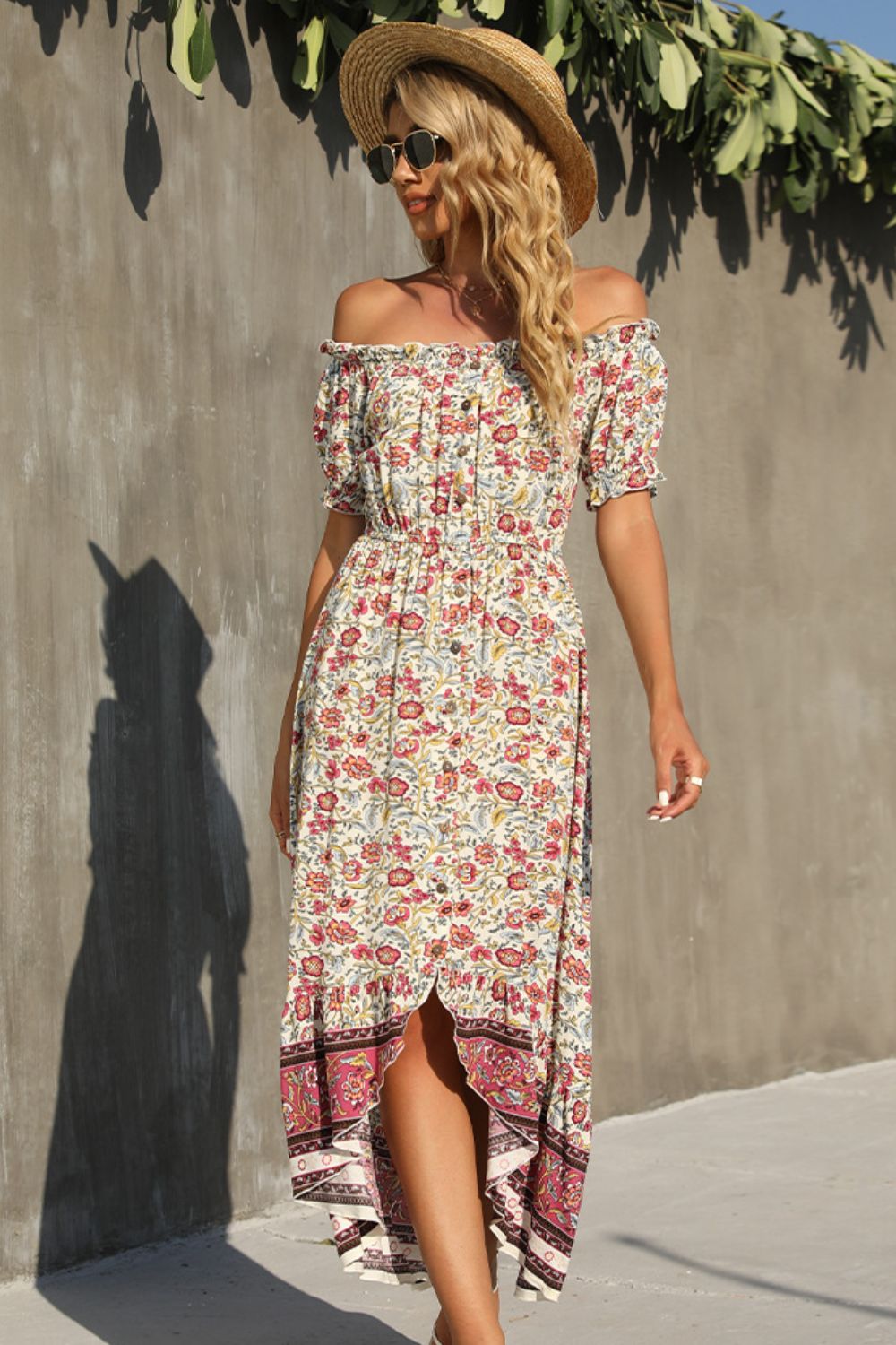 Bohemian Frilled High-Low Off-Shoulder Dress