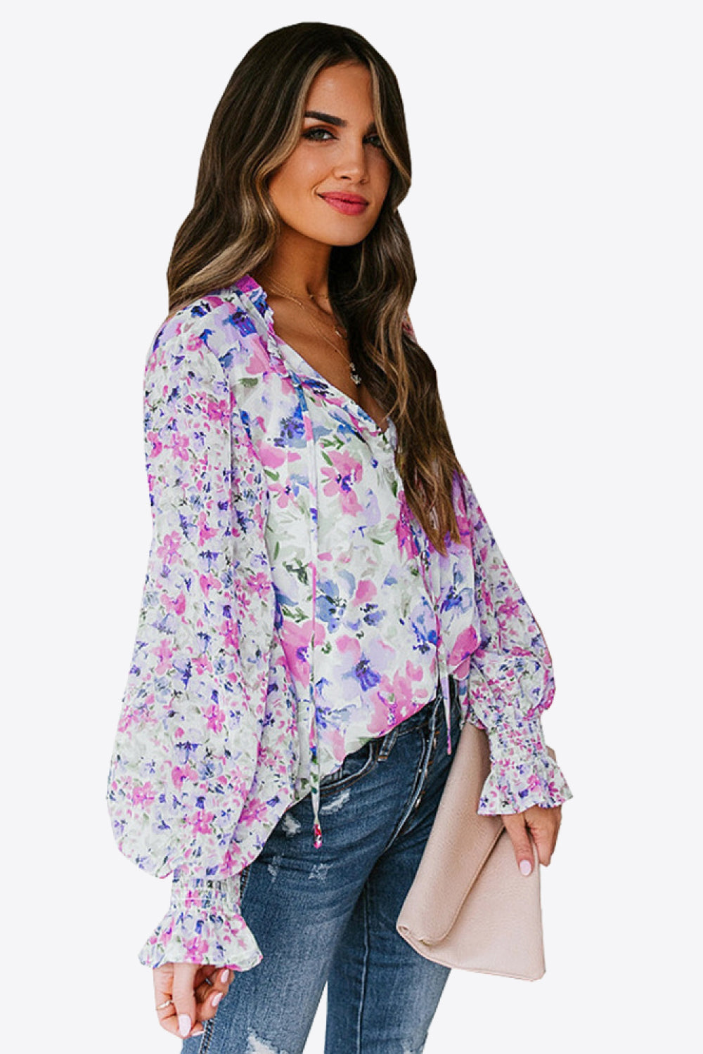 Floral Buttoned Lantern Sleeve Blouse