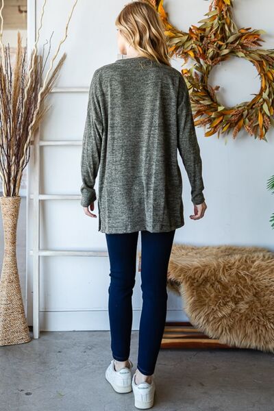 Olive Button Side Round Neck Long Sleeve T-Shirt