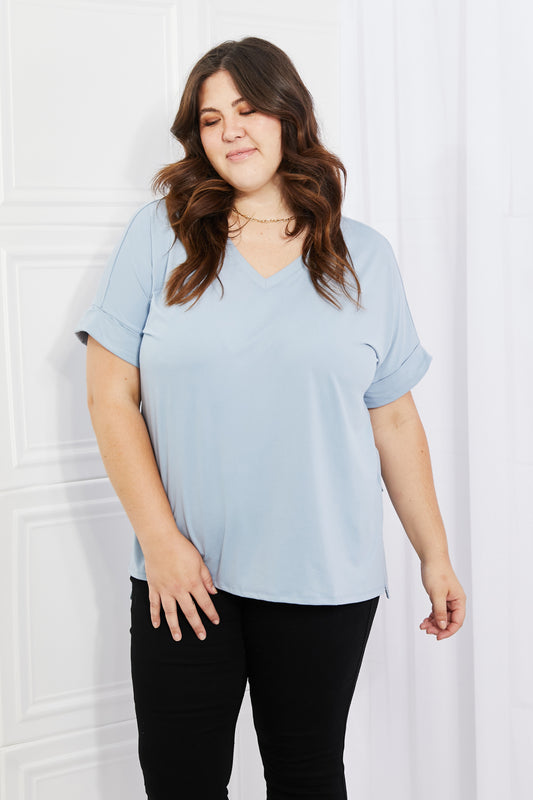 Zenana Simply Comfy Full Size V-Neck Loose Fit Shirt in Blue