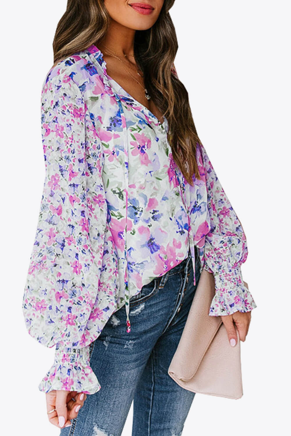 Floral Buttoned Lantern Sleeve Blouse