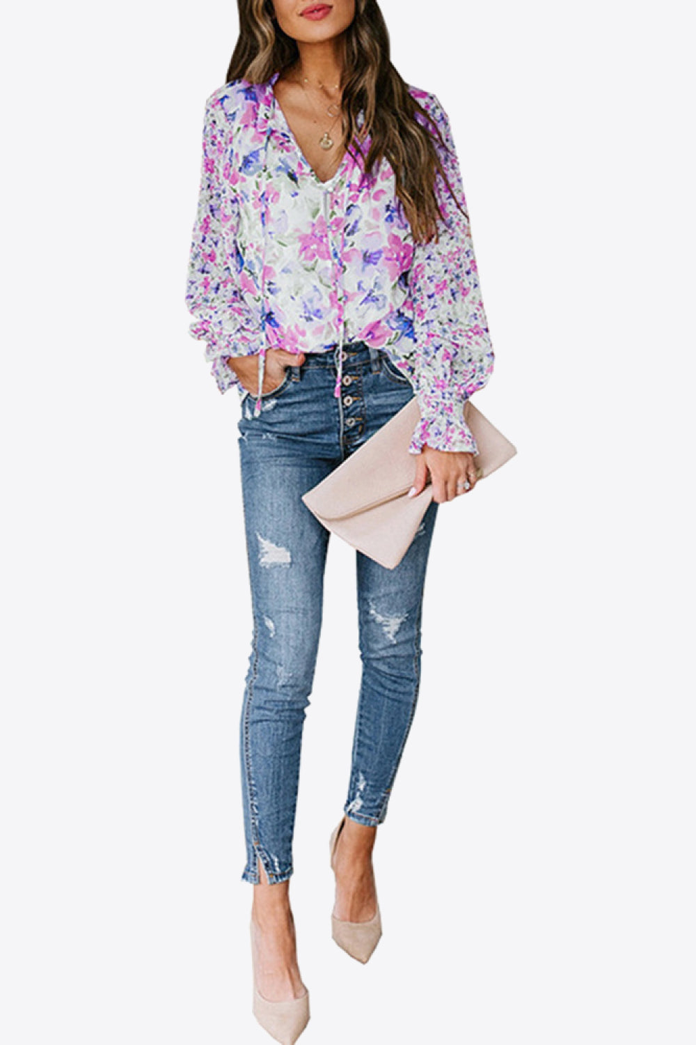 Floral Buttoned Lantern Sleeve Blouse