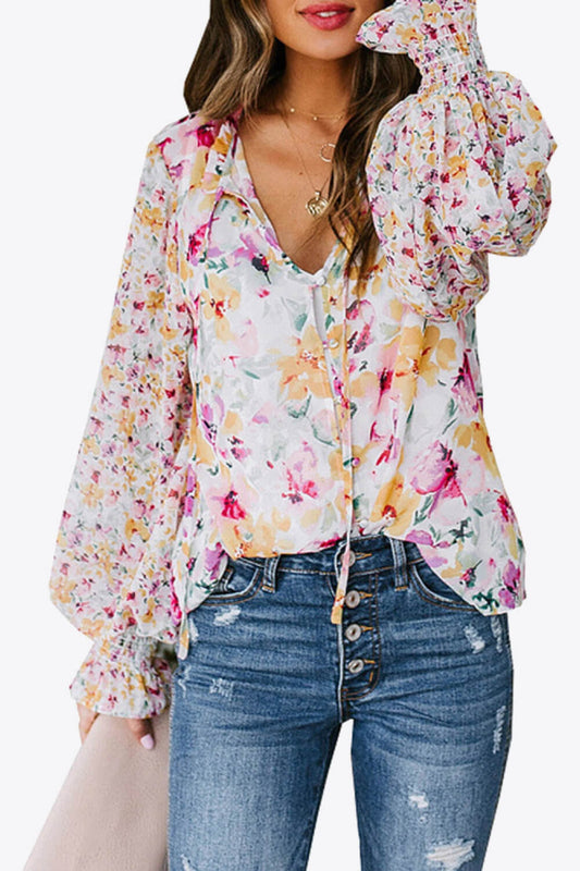 Floral Buttoned Lantern Sleeve Blouse