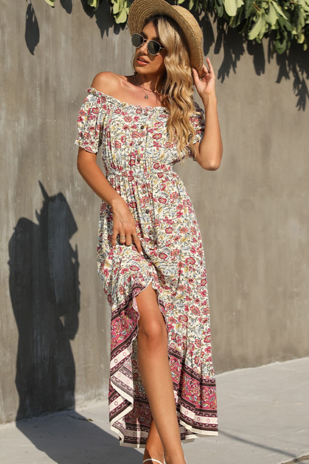 Bohemian Frilled High-Low Off-Shoulder Dress