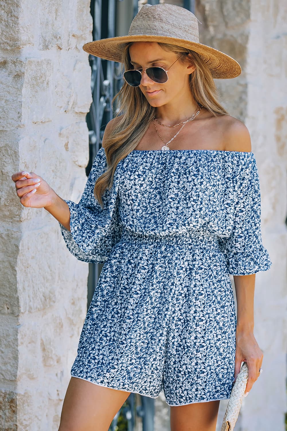 Printed Flounce Sleeve Off-Shoulder Romper