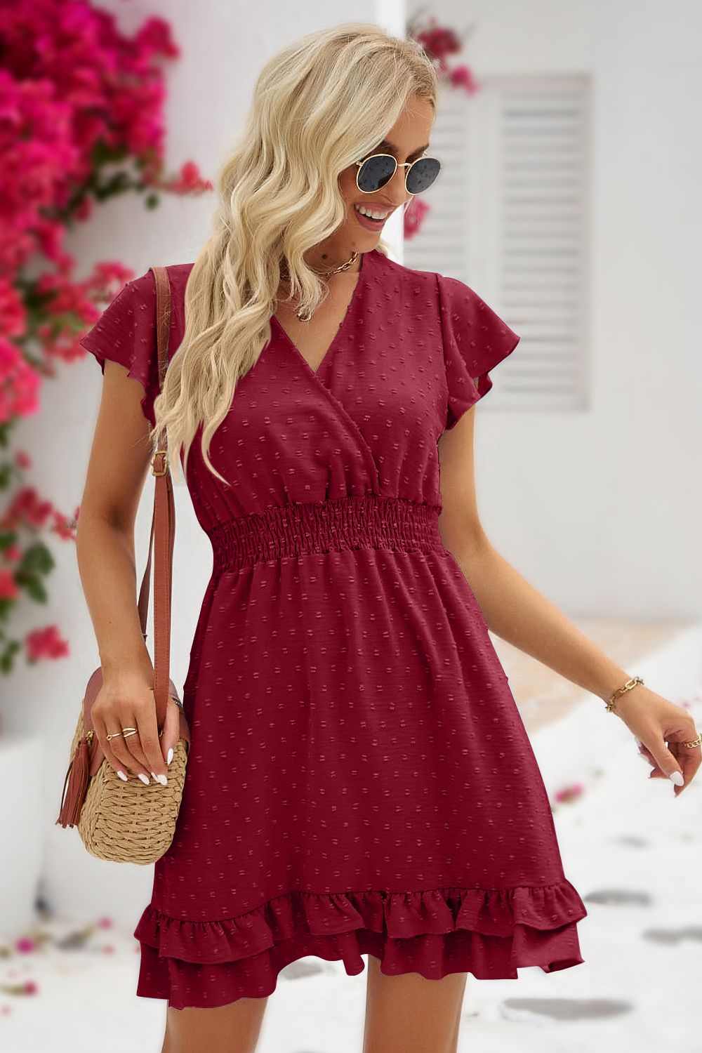 Swiss Dot Surplice Neck Flutter Sleeve Dress