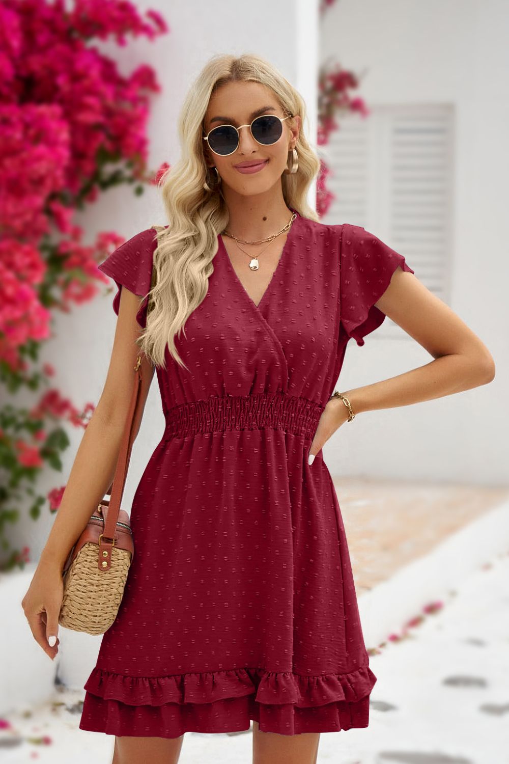 Swiss Dot Surplice Neck Flutter Sleeve Dress