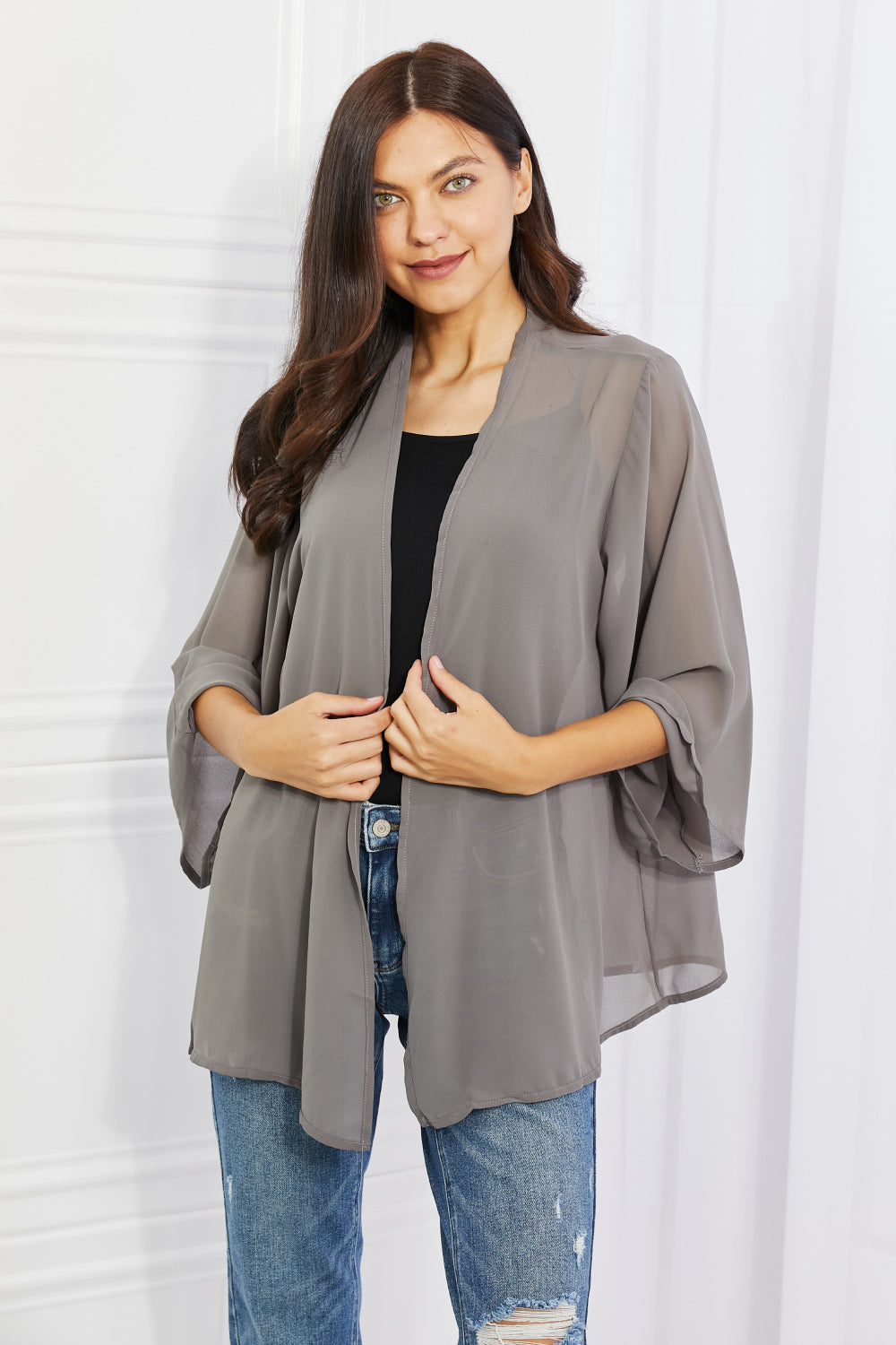 Melody Just Breathe Full Size Chiffon Kimono in Grey