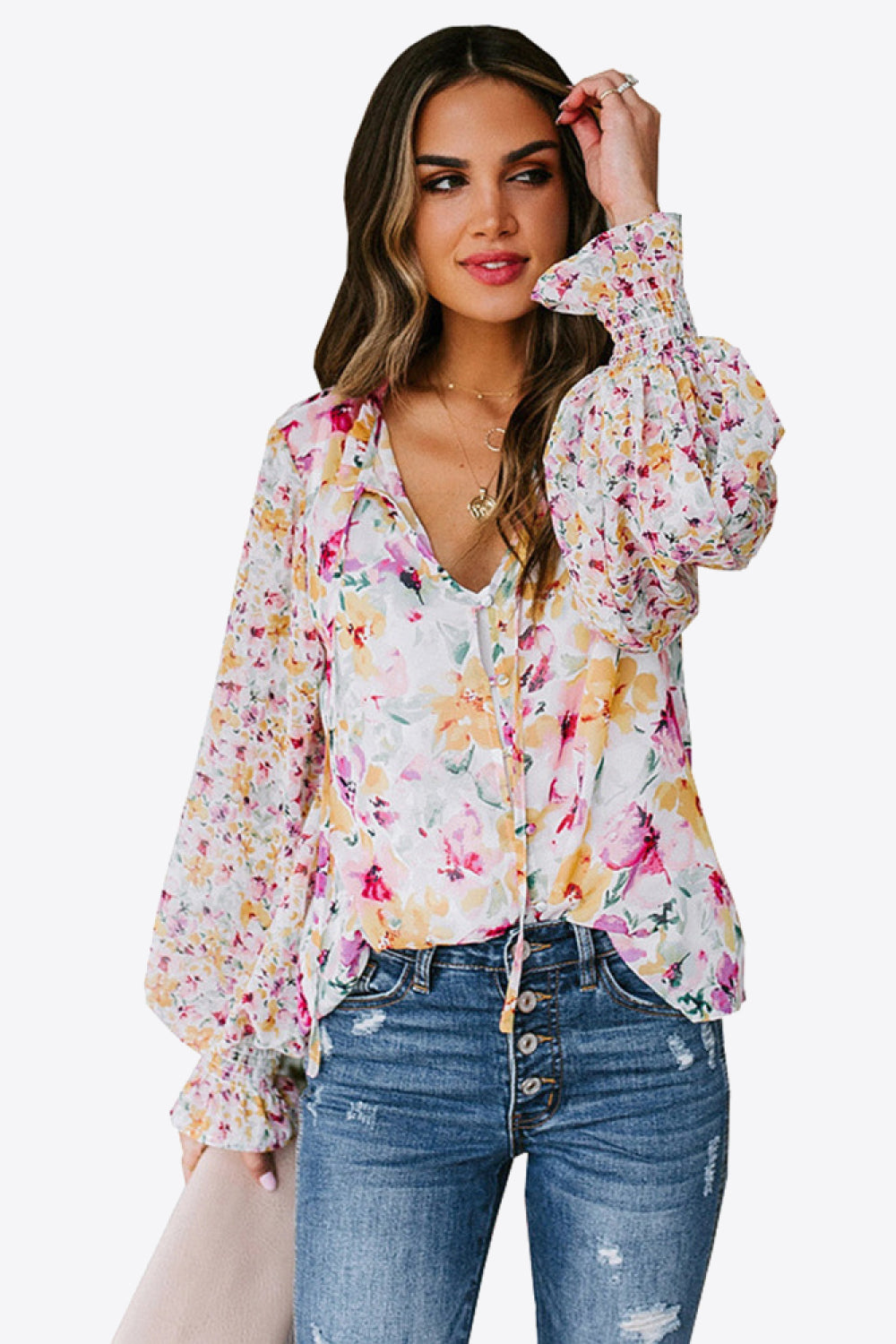 Floral Buttoned Lantern Sleeve Blouse