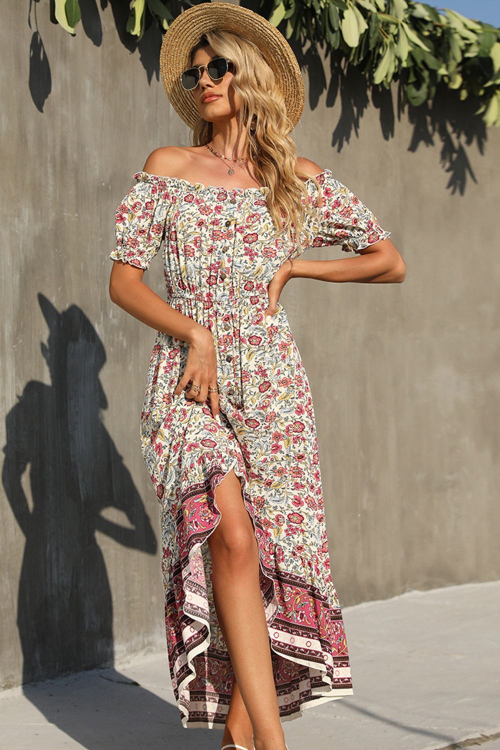 Bohemian Frilled High-Low Off-Shoulder Dress