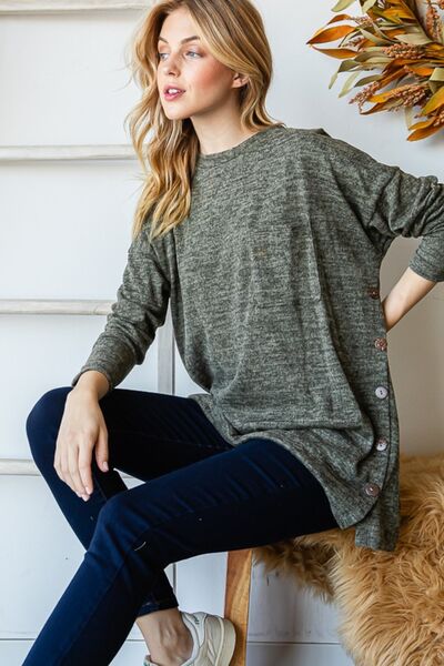 Olive Button Side Round Neck Long Sleeve T-Shirt