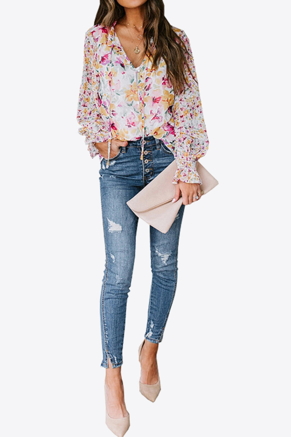 Floral Buttoned Lantern Sleeve Blouse