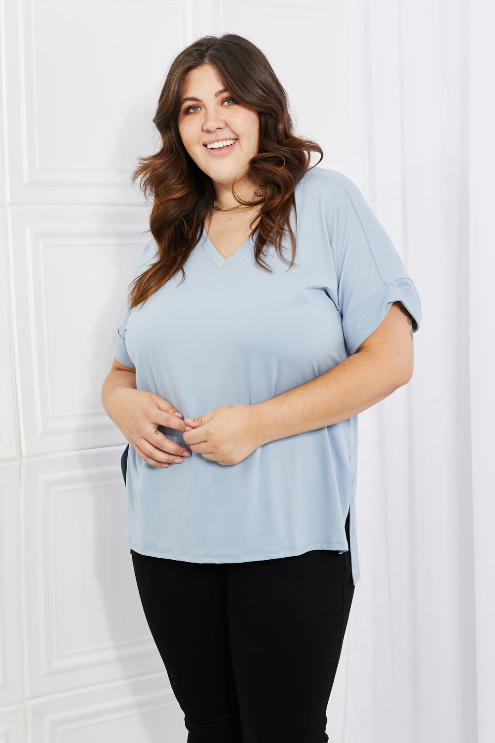 Zenana Simply Comfy Full Size V-Neck Loose Fit Shirt in Blue