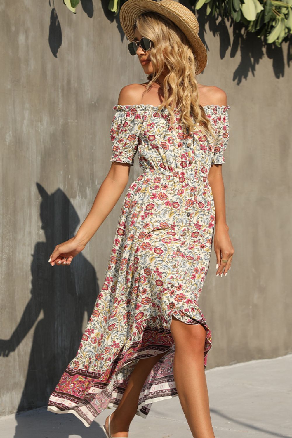 Bohemian Frilled High-Low Off-Shoulder Dress