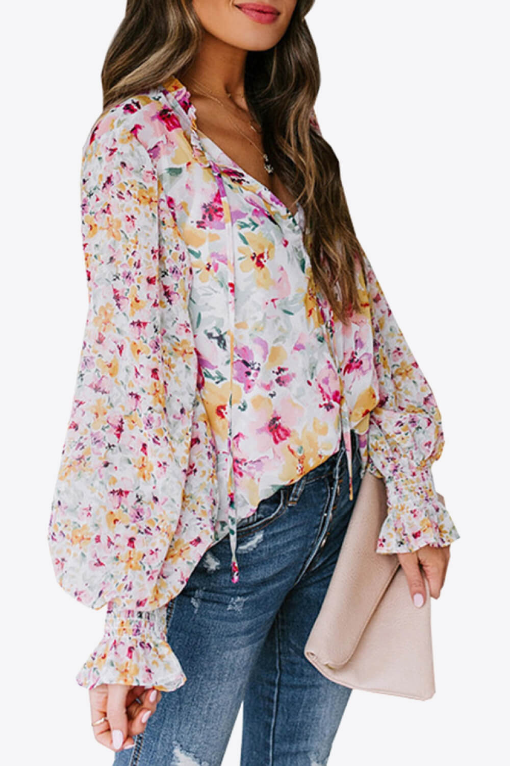 Floral Buttoned Lantern Sleeve Blouse