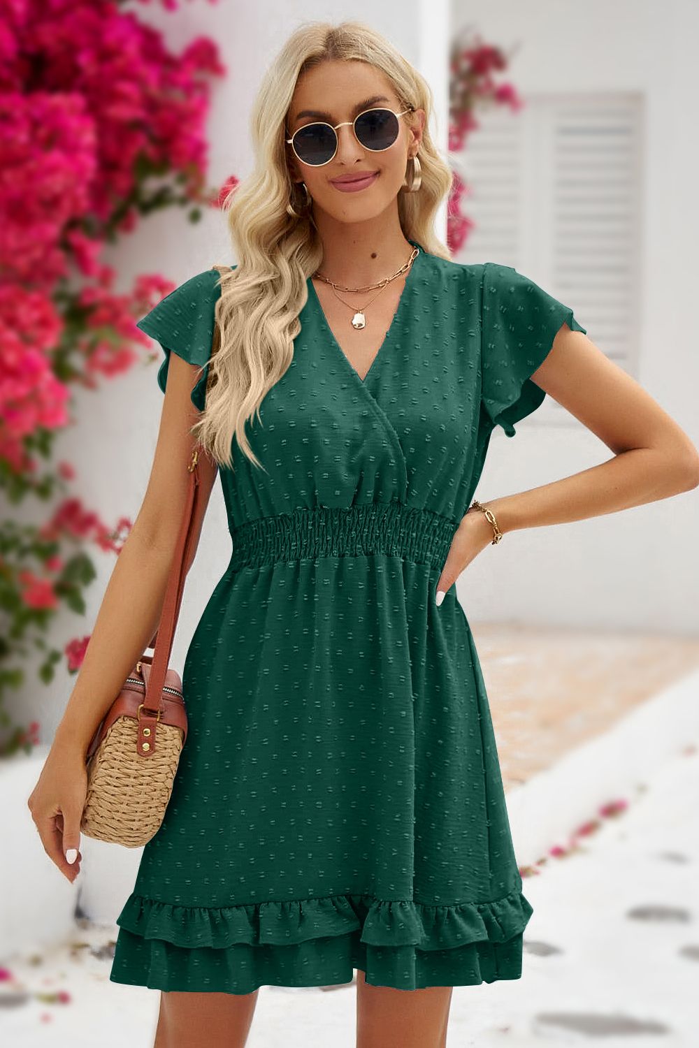 Swiss Dot Surplice Neck Flutter Sleeve Dress